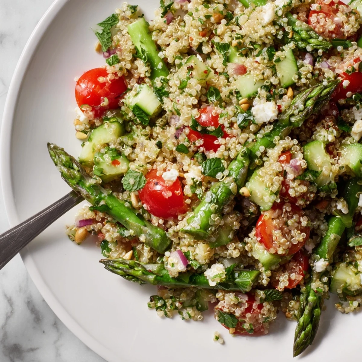 Köstlicher Asparagus-Quinoa-Salat mit frischen Kräutern und einem zitronigen Dressing.