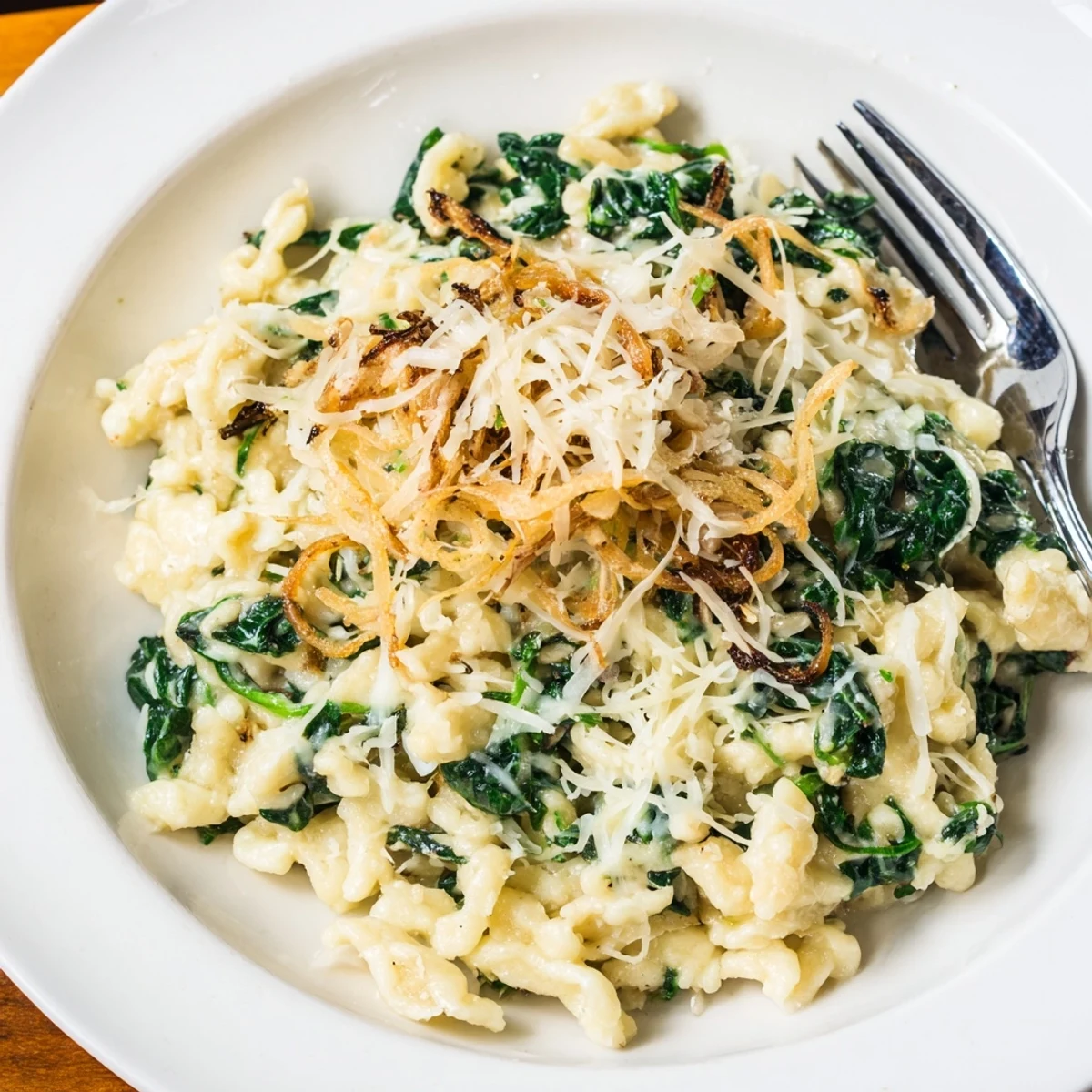 Köstliche Spinat- und Käse-Spätzle, ideal für ein gemütliches Abendessen mit Freunden.