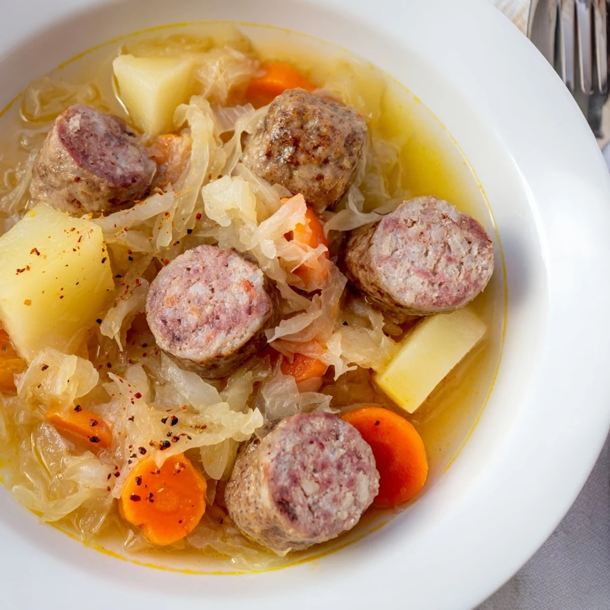 Eine herzhafte Portion One-Pot Sauerkraut und Würstchen, köstlich mit saftigem Fleisch.