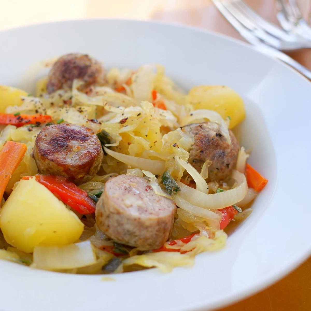 Ein einfaches und schmackhaftes One-Pot Sauerkraut und Würstchen Gericht, perfekt für kalte Tage.