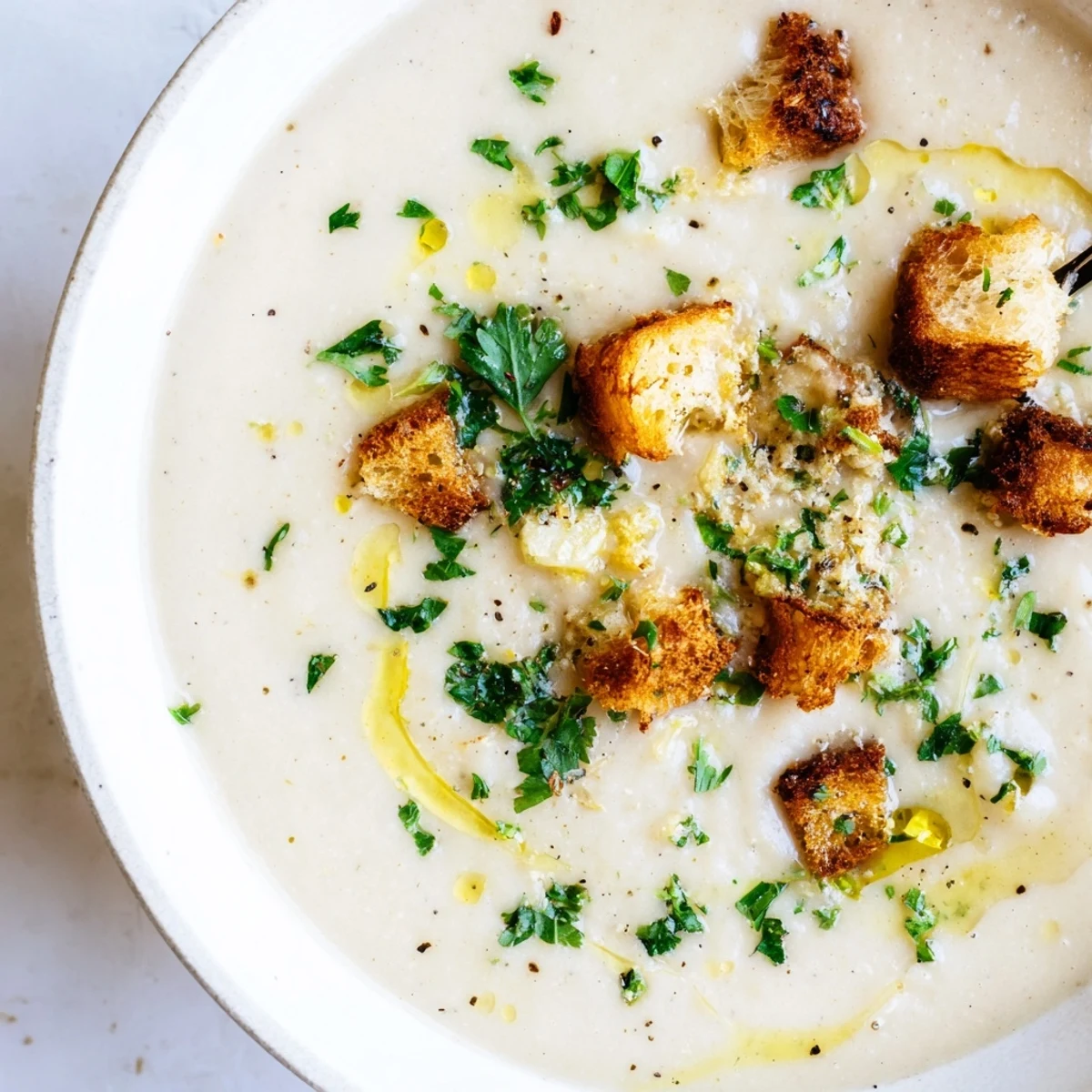 A steaming bowl of creamy garlic potato soup, perfect for a cozy, vegan dinner.