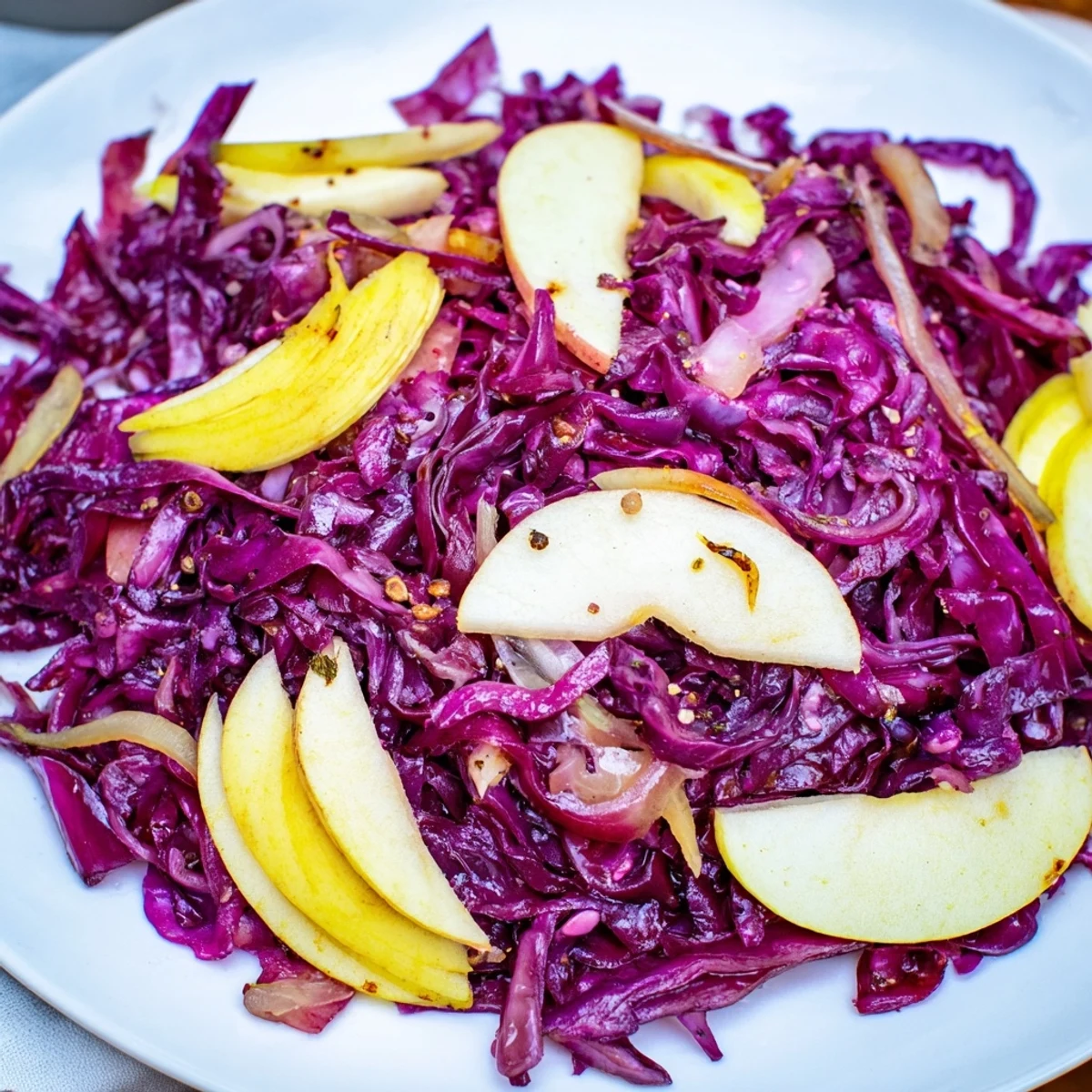 Sweet & Sour Bavarian Red Cabbage and Apple, a vibrant, colorful side dish, ready to serve warm.