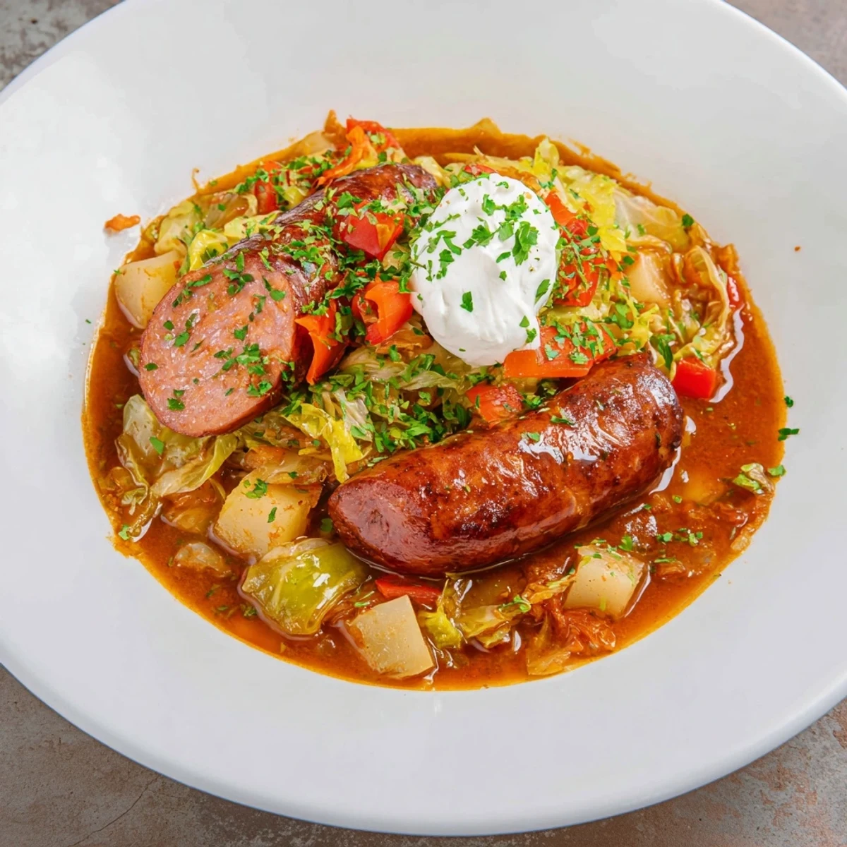 A close-up of a steaming bowl of Effortless Sausage and Cabbage Stew, showcasing the vibrant vegetables and savory broth.