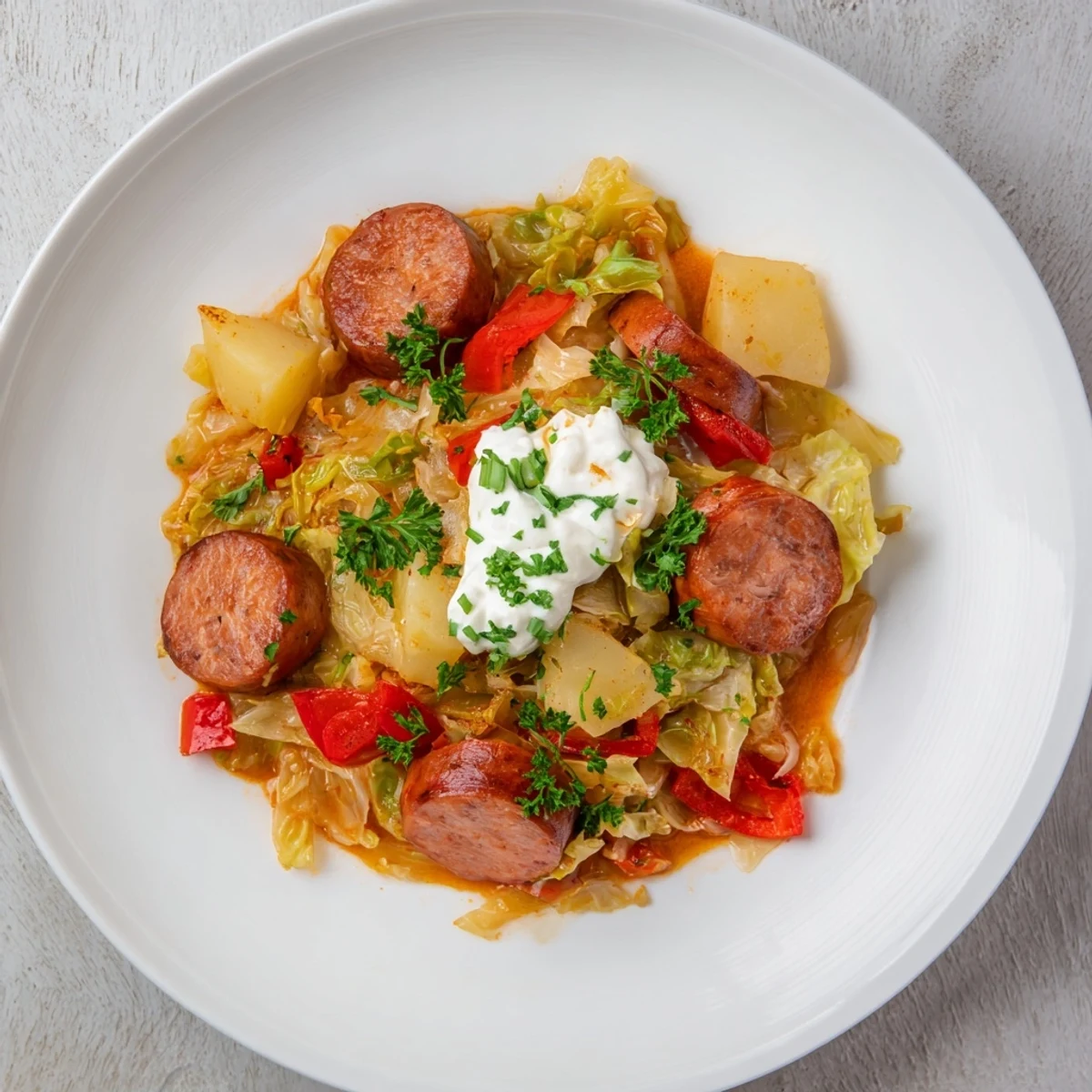 Delicious German Effortless Sausage and Cabbage Stew, perfect for a cozy weeknight dinner, garnished with sour cream.