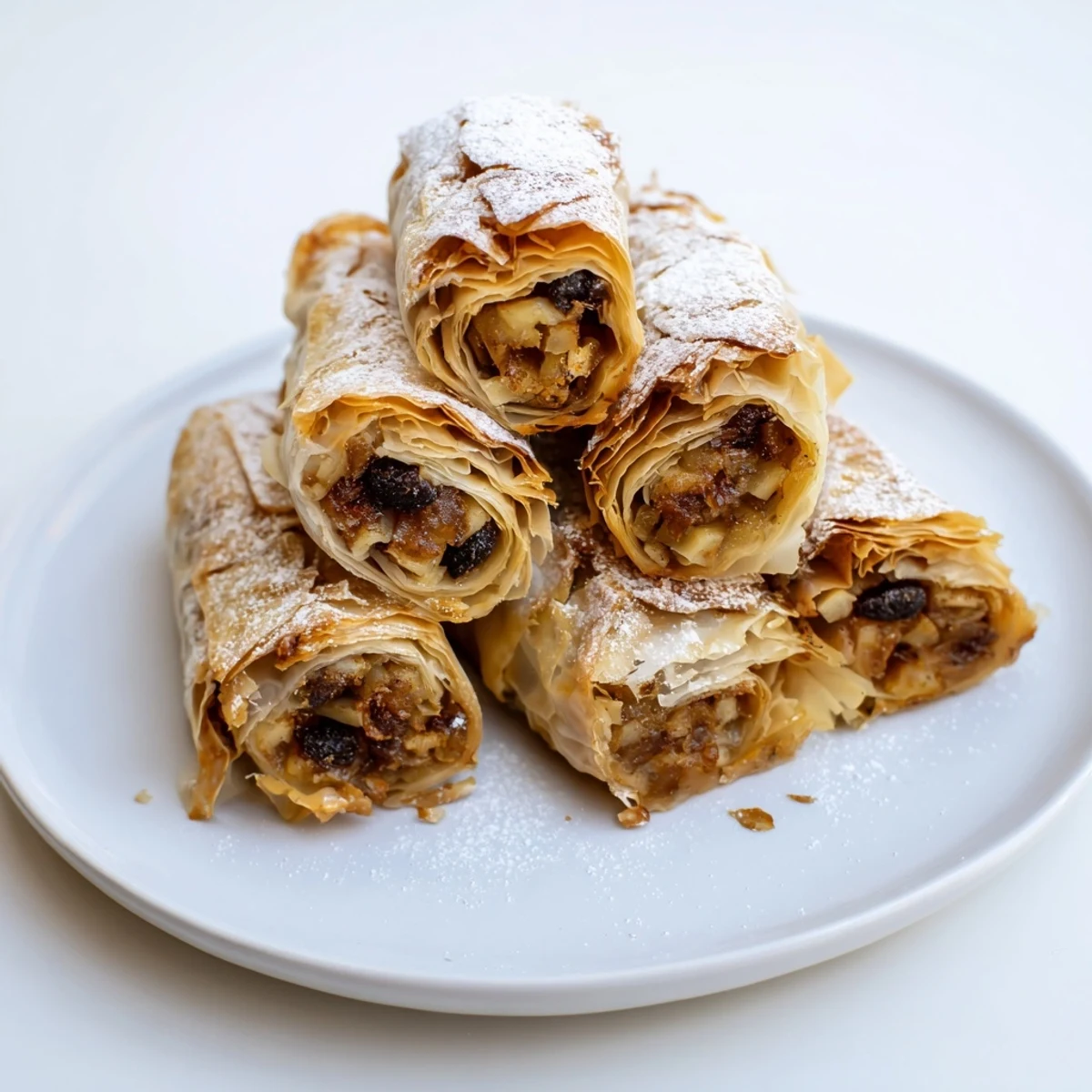 Golden, oven-baked apple strudel rolls, a warm and comforting dessert, dusted with powdered sugar.