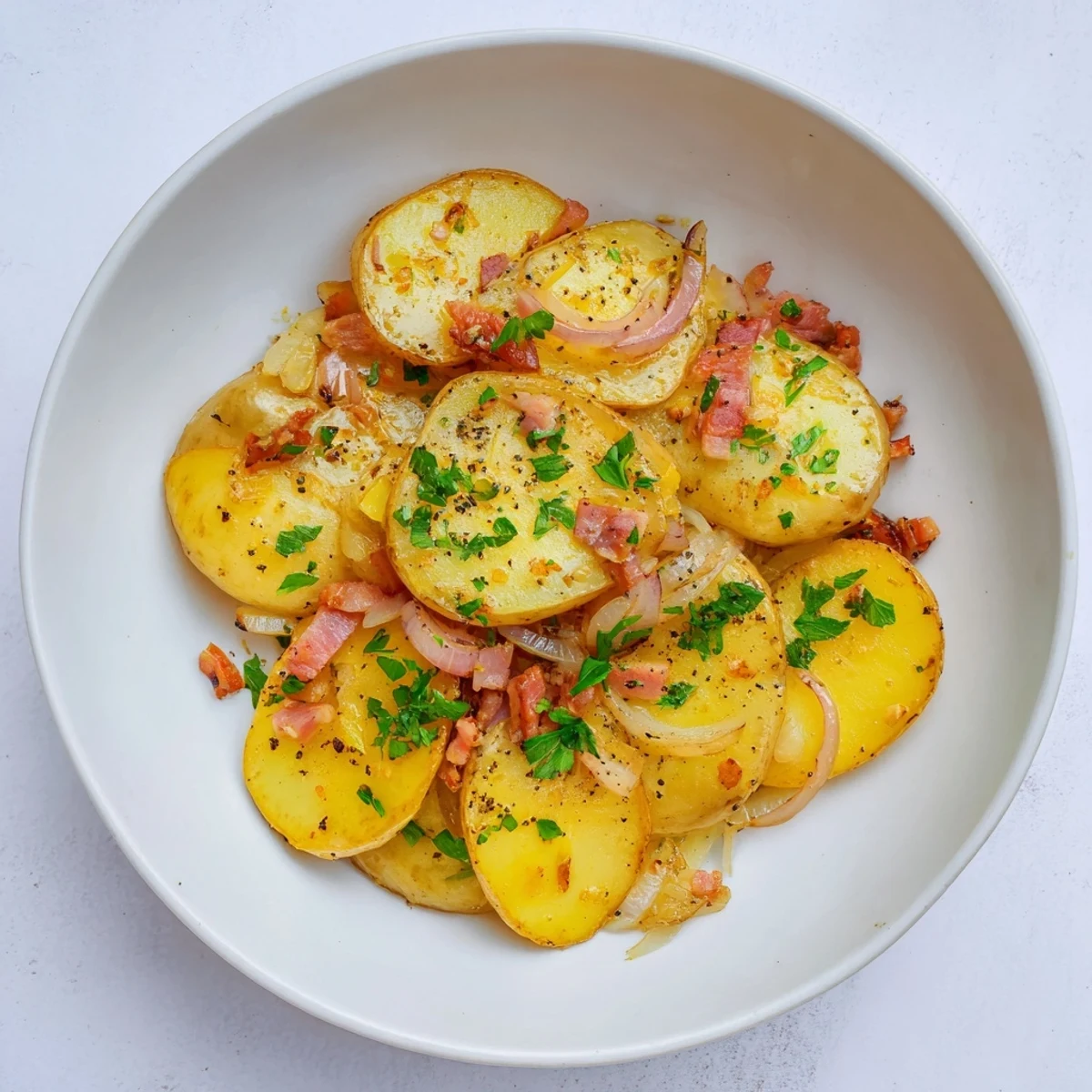 Golden crispy Simple Fried Potatoes with Onions & Bacon, a flavorful German side dish.