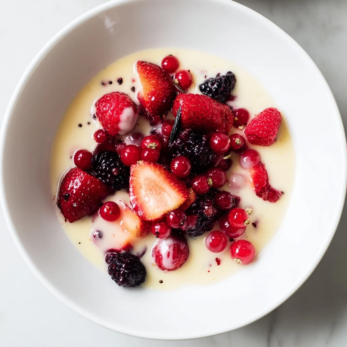 Vibrant red Rote Grütze with a dollop of creamy vanilla sauce, a delightful German dessert.