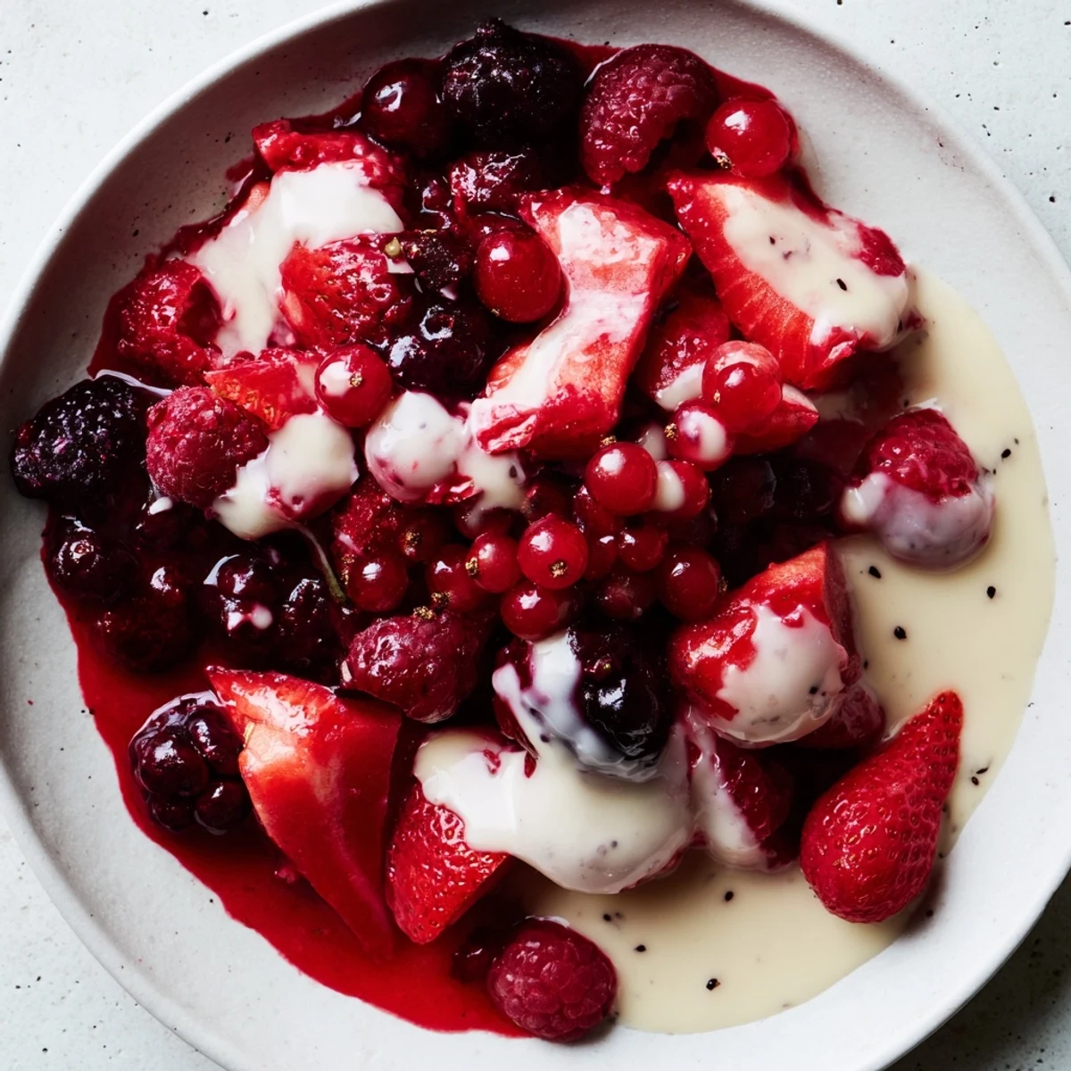 Chilled Rote Grütze drizzled with vanilla sauce, a classic dessert with summer berries.
