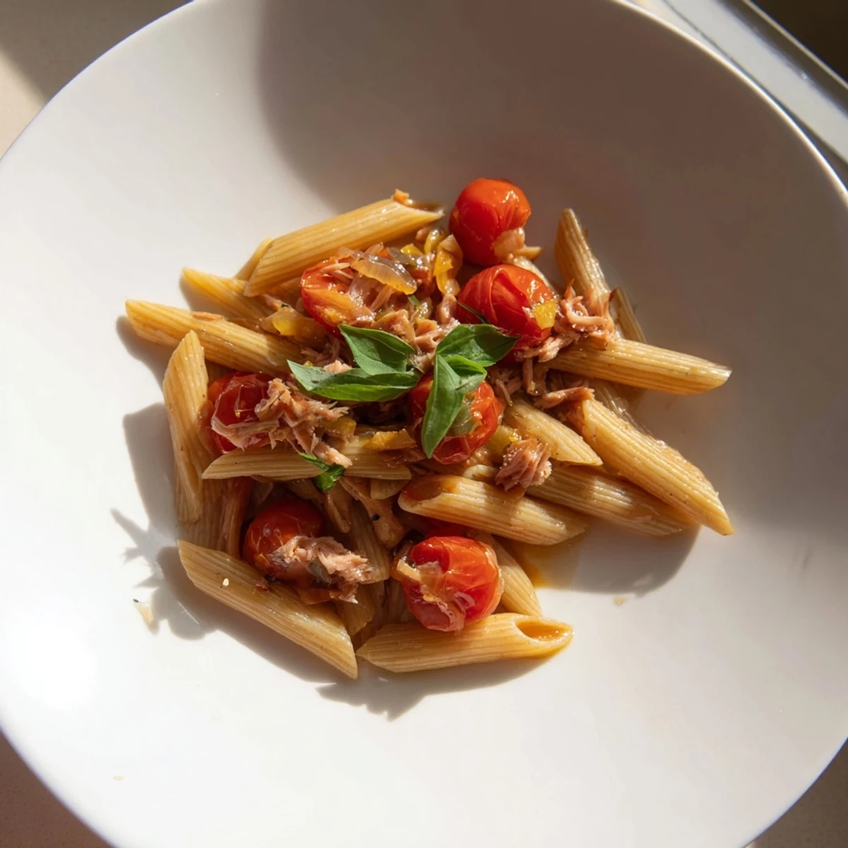 Blitz Pasta with Tomatoes & Tuna, a quick Italian-inspired meal, shown ready to serve with basil.