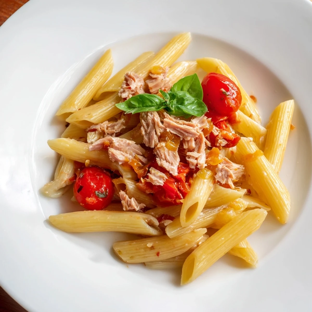 A finished plate of Blitz Pasta with Tomatoes & Tuna, glistening with olive oil and topped with Parmesan.