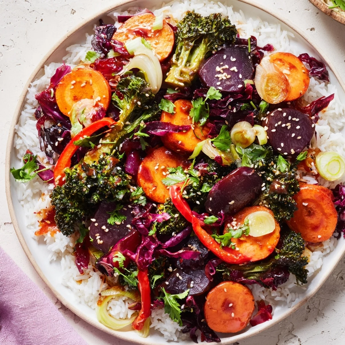 Steaming hot Quick Winter Vegetable Stir-Fry with rice, perfect for a fast, flavorful and nutritious dinner.