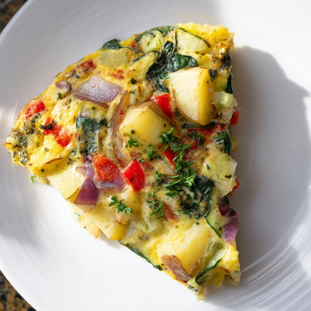 Golden-brown potato and vegetable frittata fresh from the oven, offering a hearty, flavorful breakfast.
