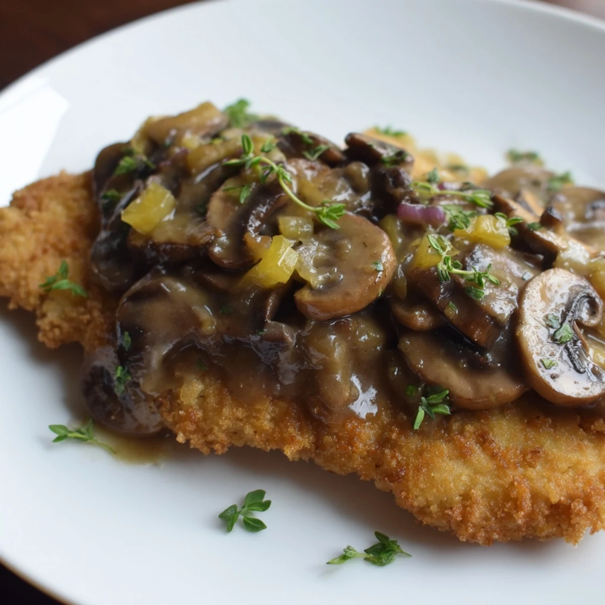 Golden-brown Hunters Schnitzel coated in breadcrumbs, paired with rich, creamy Jäger sauce.