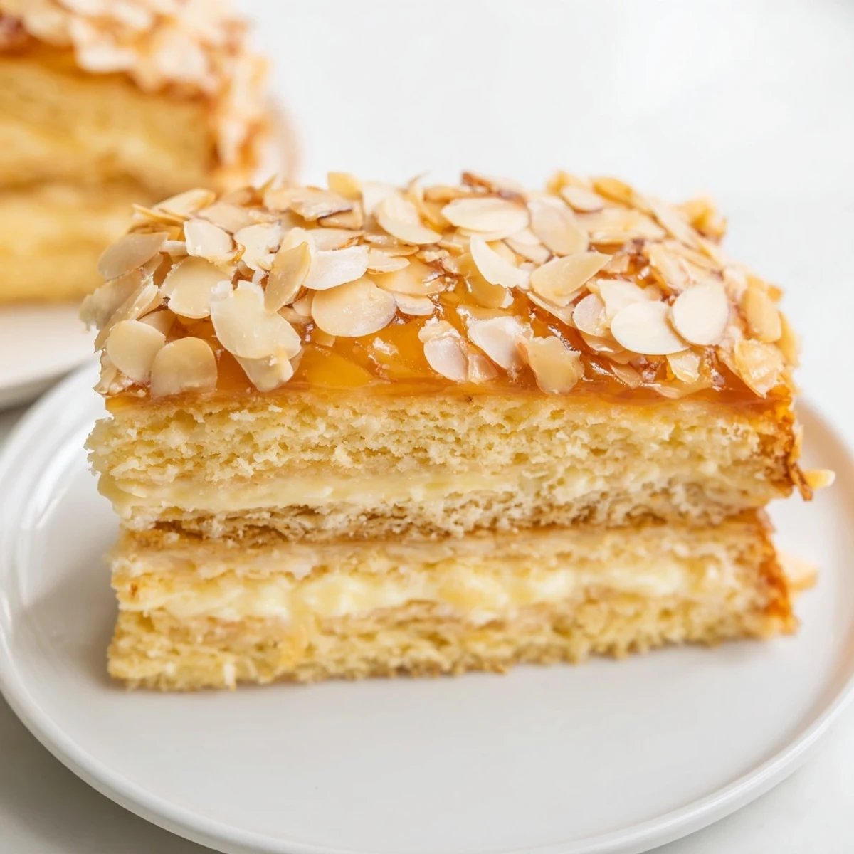 A slice of Bee Sting Cake showcasing the layered vanilla cream filling and crunchy almonds.