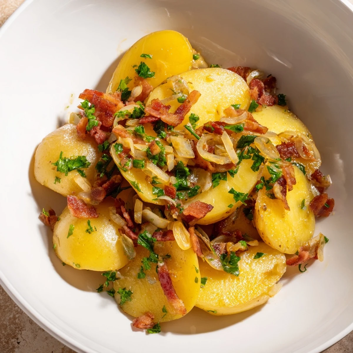 Steaming warm German potato salad, glistening with a savory vinegar dressing and crispy bacon.