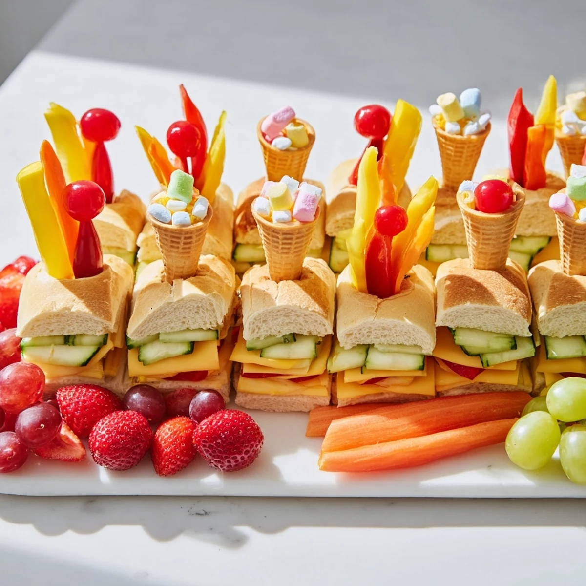 Delighted fairy tale castle platter brimming with colorful snacks and whimsical castle towers.