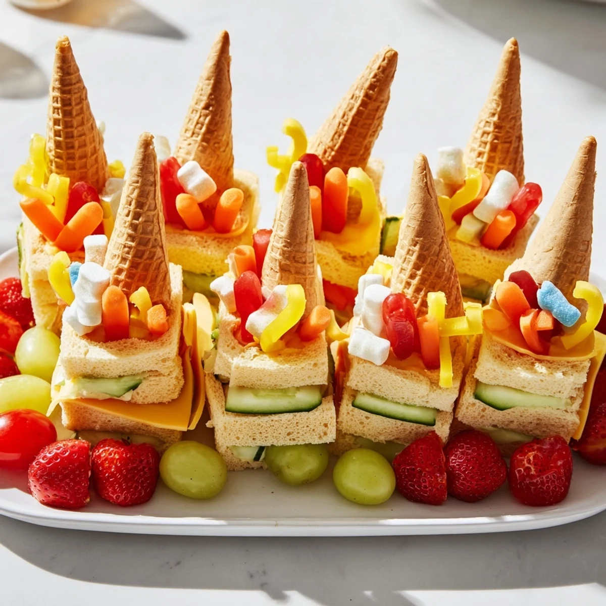 This vibrant fairy tale castle platter showcases a magical spread of edible treats for kids.