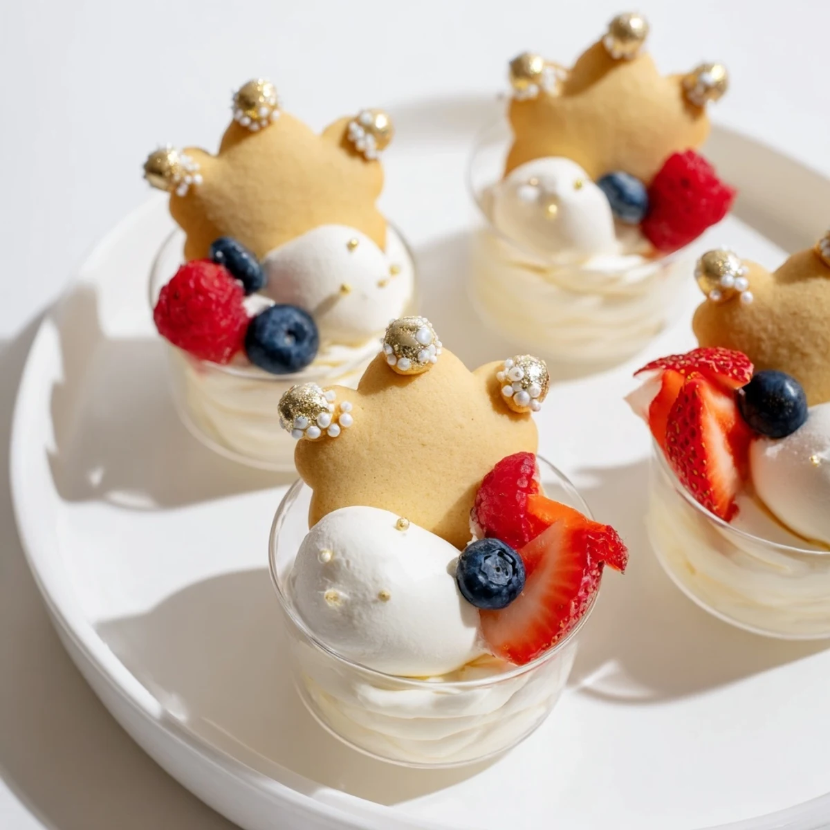 Creamy white chocolate mousse and fresh berries displayed on a Princess Crown Dessert Tray.