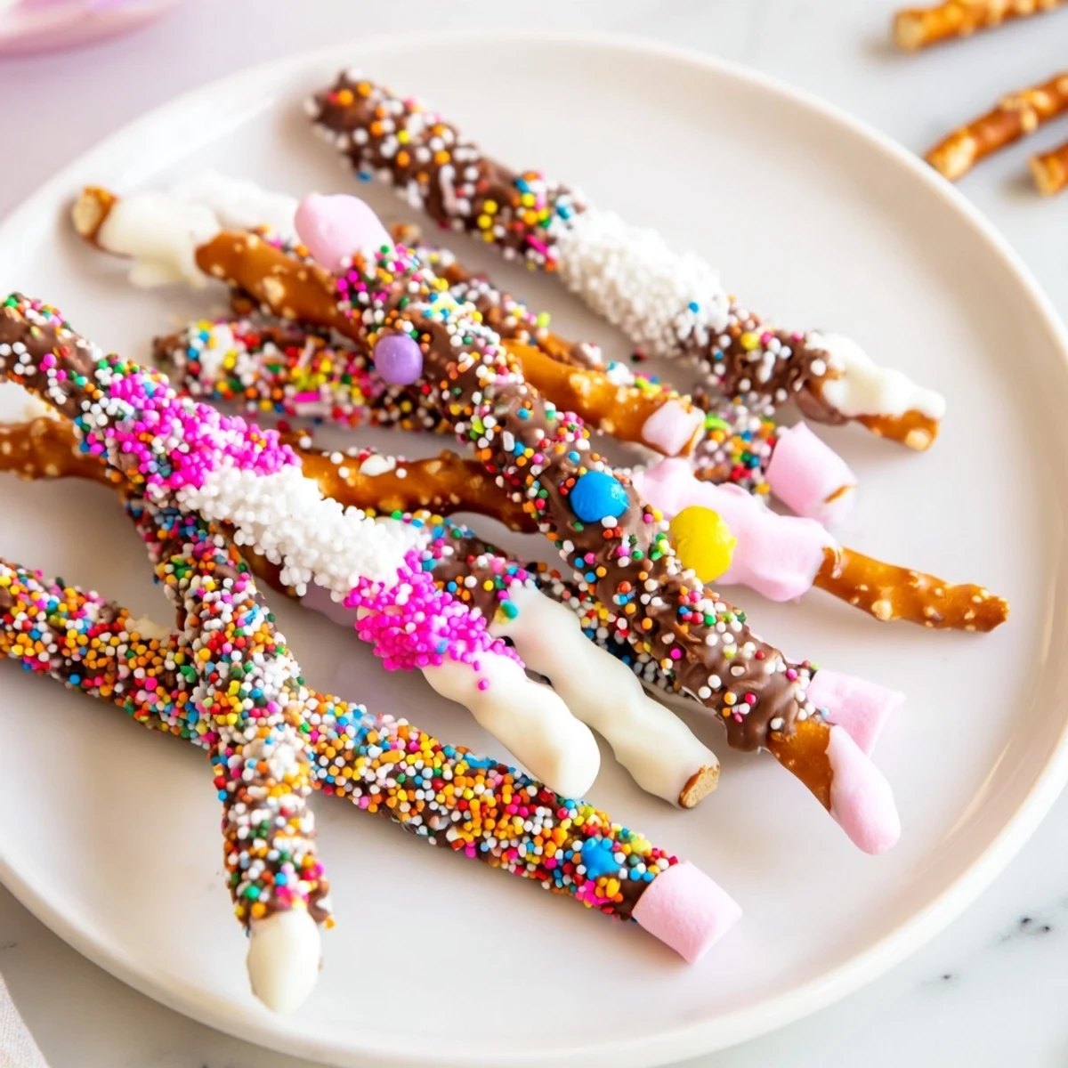 Delicious close-up of a whimsical Magical Wand Candy Board, featuring chocolate-dipped pretzel wands.