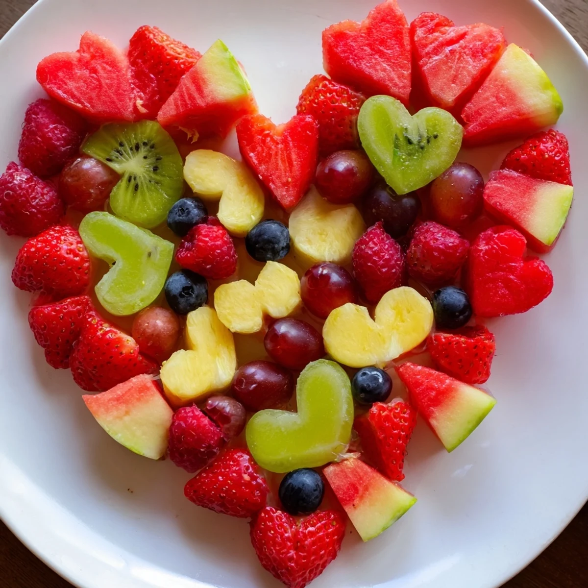 Sweetheart Fruit Board arranged in a heart, vibrant with fresh strawberries, grapes, and pineapple.