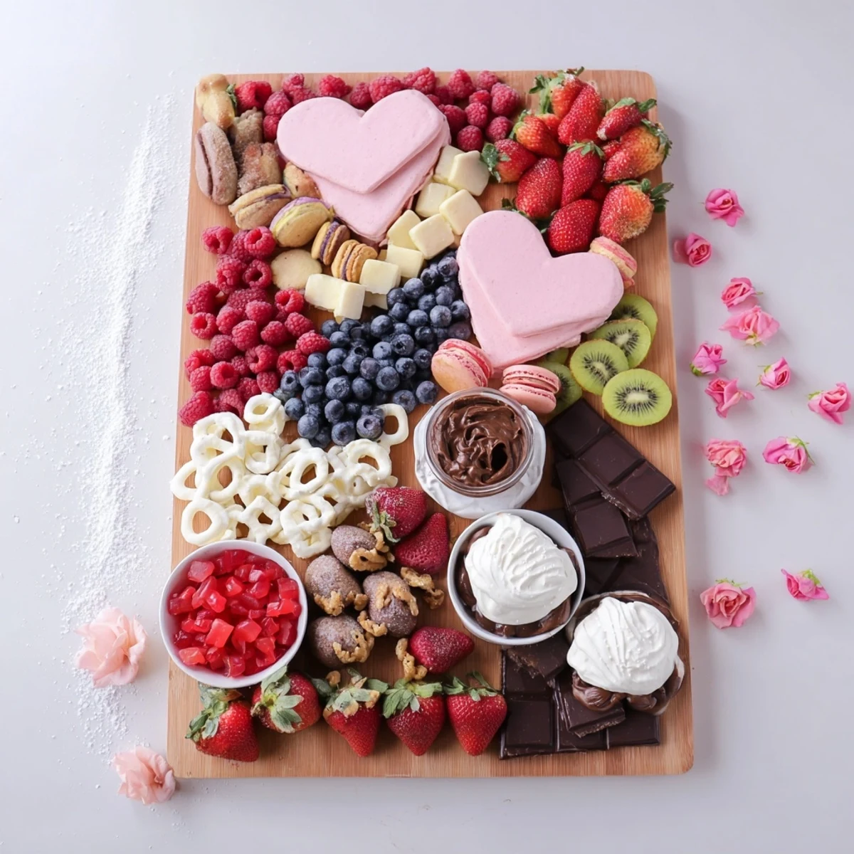 A beautifully arranged Love Letter Dessert Board with fresh berries and chocolate treats.