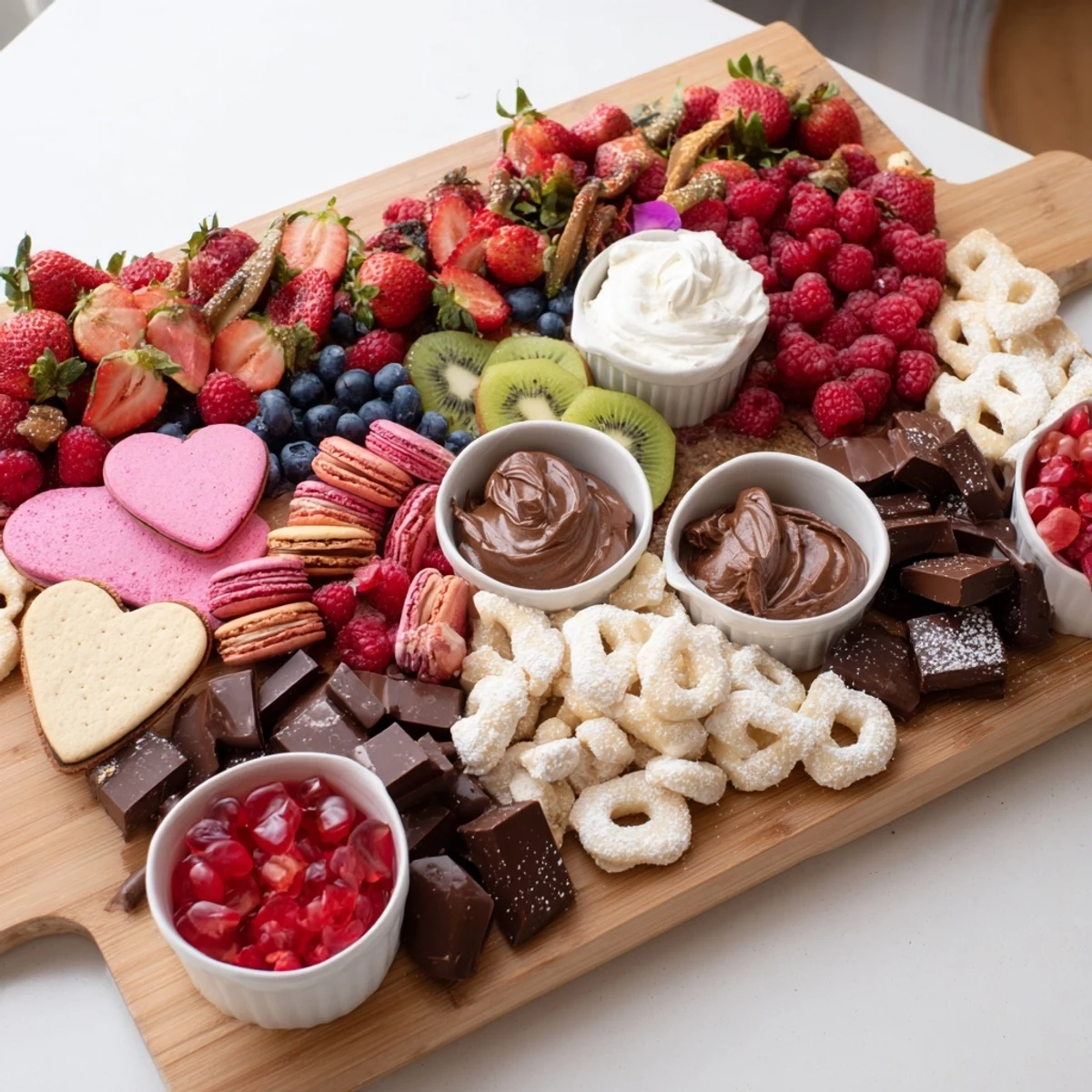 This delicious Love Letter Dessert Board features heart-shaped cookies and an assortment of sweets.