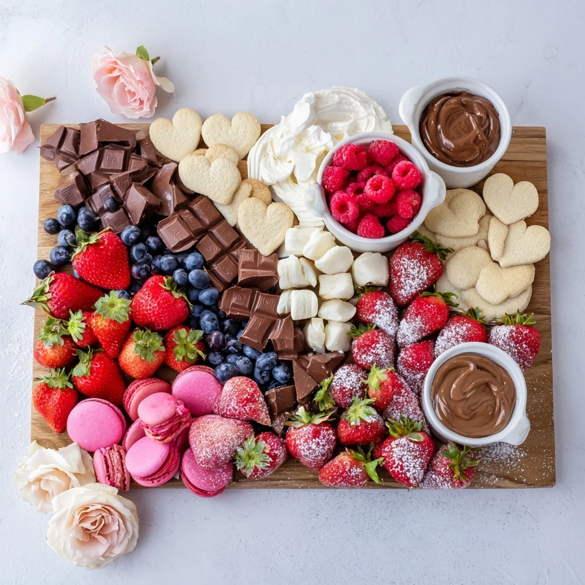 Romantic Love Letter Dessert Board: A collection of chocolates, fruit, and cookies for a sweet celebration.