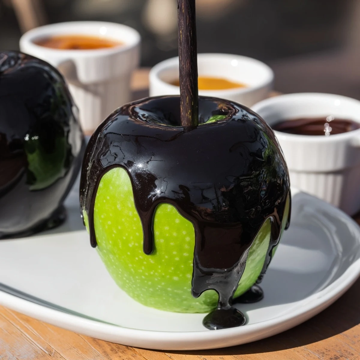 A festive party board featuring glistening poison apples and a variety of colorful sweets, ready to serve.