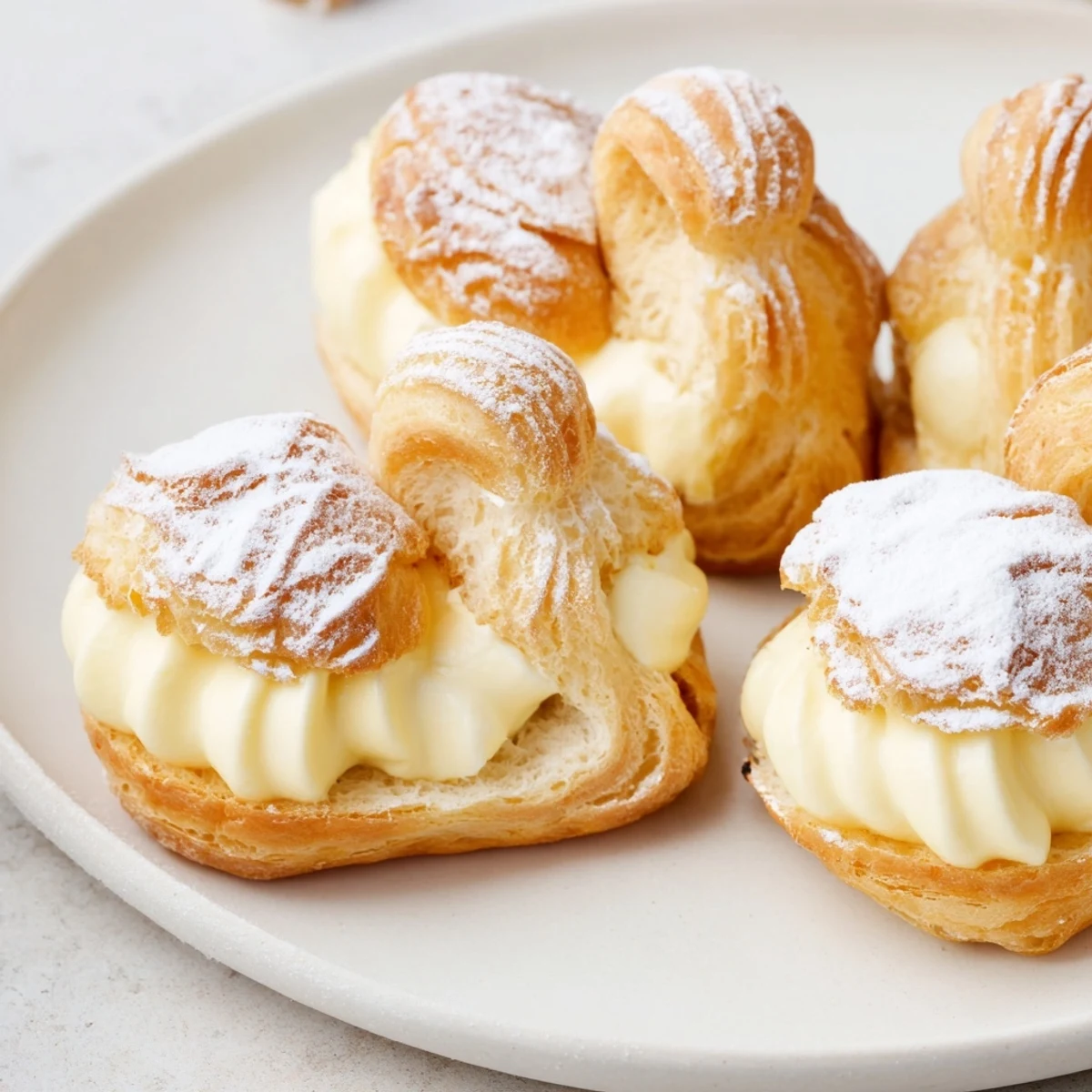 Close-up of elegant Feathered Friend Swan Pastry Platter, showing flaky pastry and meticulously piped swan details, dusted with sugar.