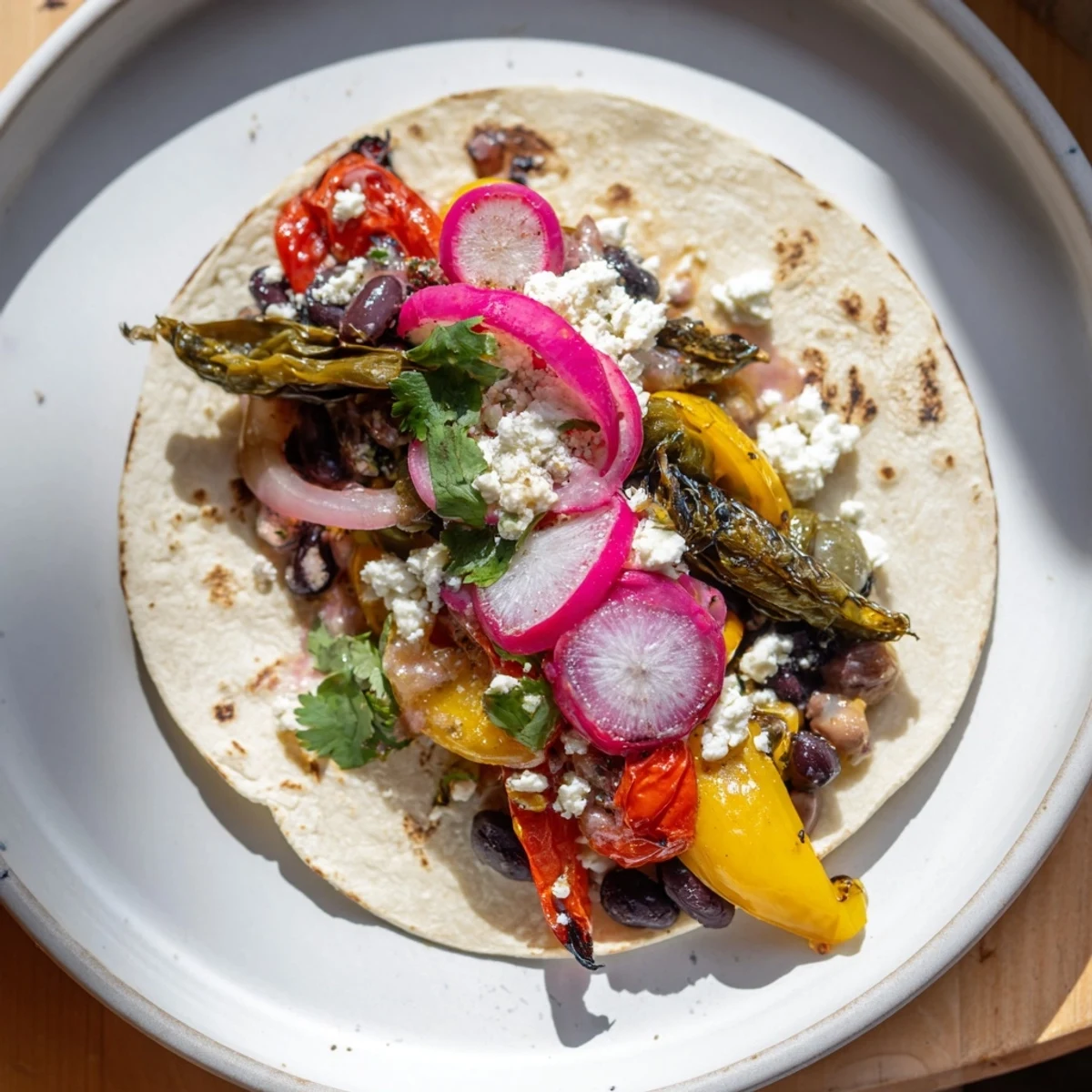 Delicious Desert Bloom Cactus Taco Board with vibrant, roasted vegetables and fresh salsas.