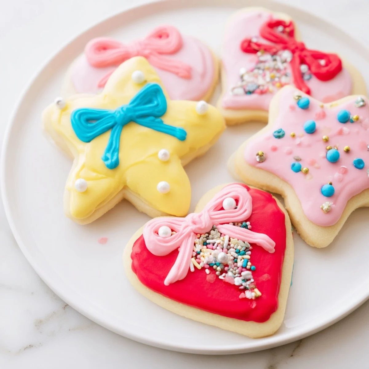 Sweet Pretty Bows Heart & Star Cookies, freshly baked, with pink icing and tiny edible pearls.