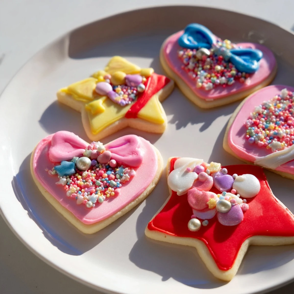 Close-up of frosted Pretty Bows Heart & Star Cookies. Their sugar icing and charming bows look delicious.