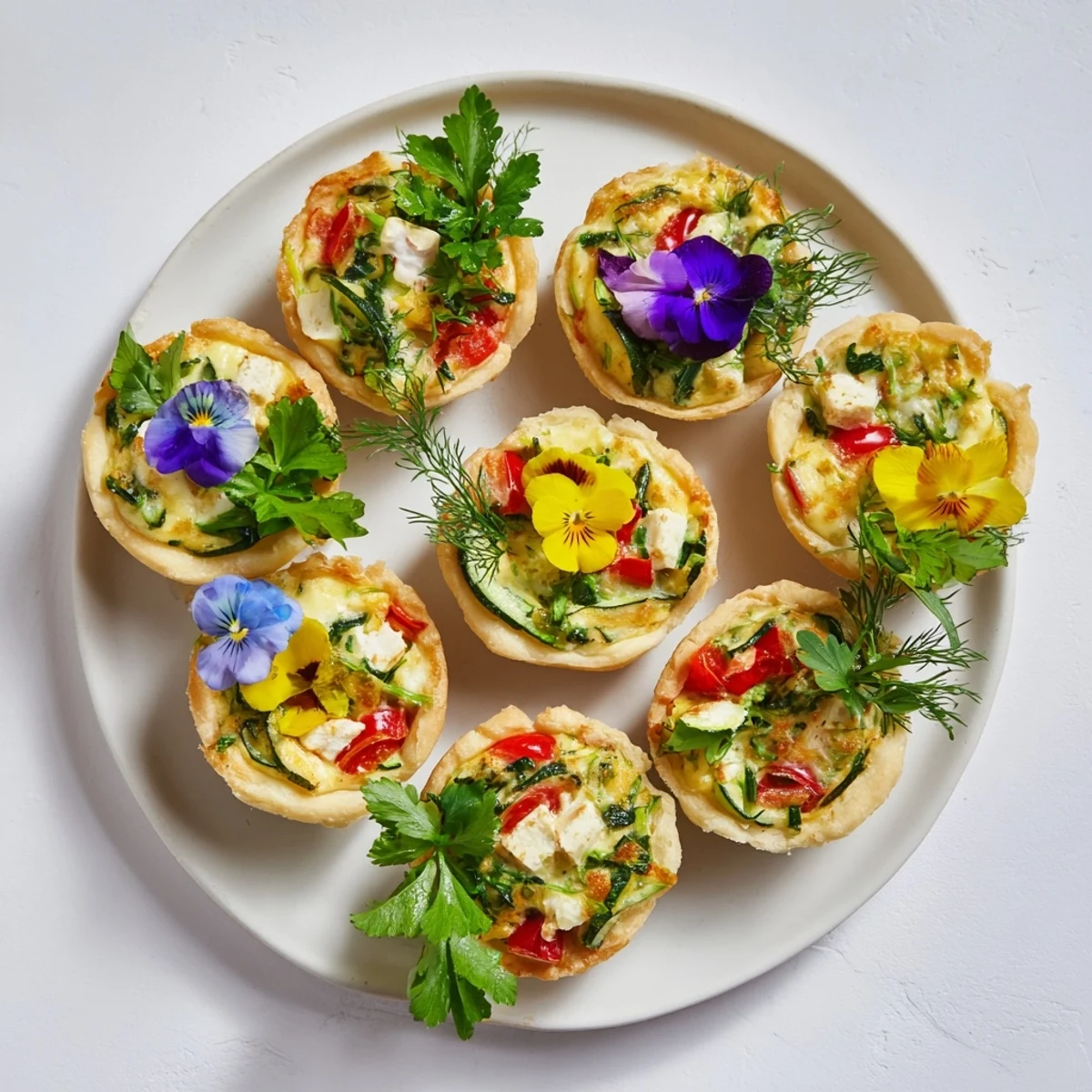 Golden-brown Mini Quiches Couronne Florale, a French appetizer, ready to serve with fresh herbs, a vegetarian delight.