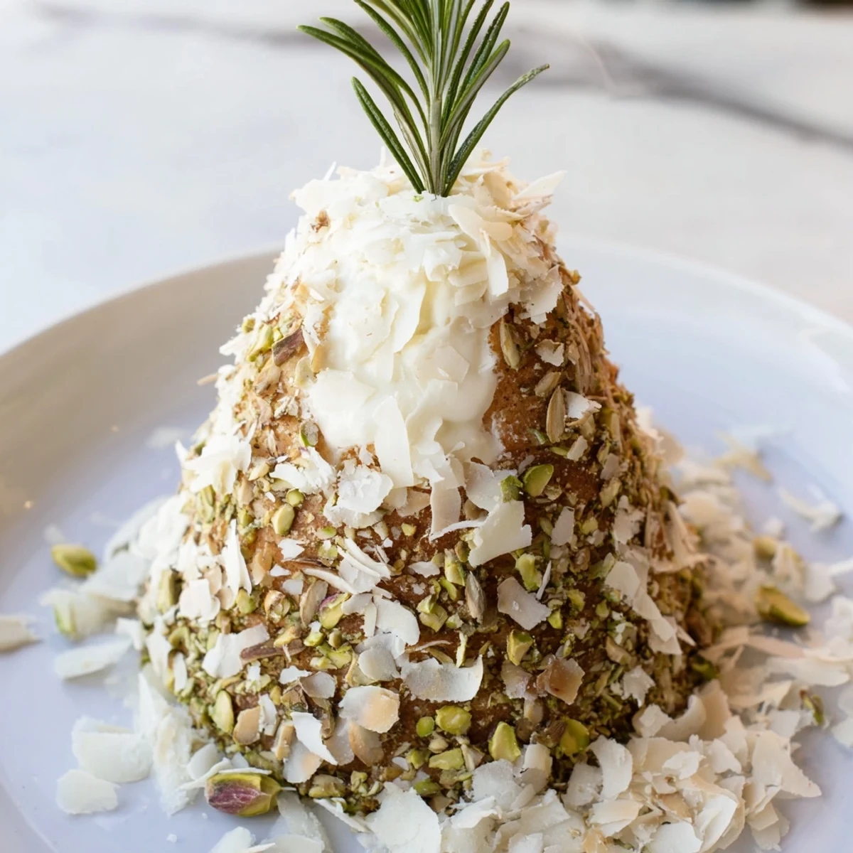 A frosted Table dHiver Sapin et Flocons dessert shaped like festive winter pines, decorated beautifully.