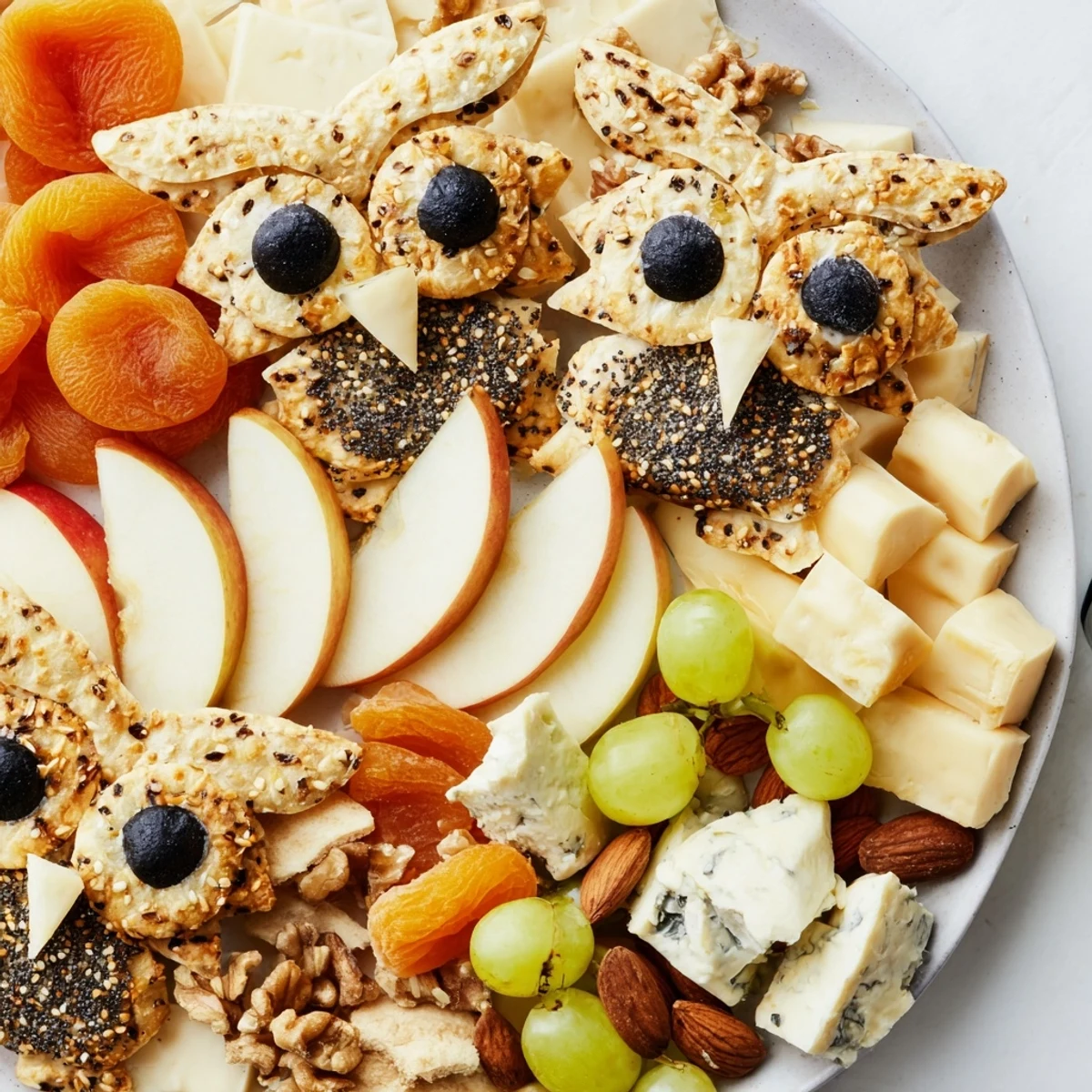 Owl Cracker and Cheese Board arranged with tempting cheeses, fruits, and nuts, perfect for snack time.