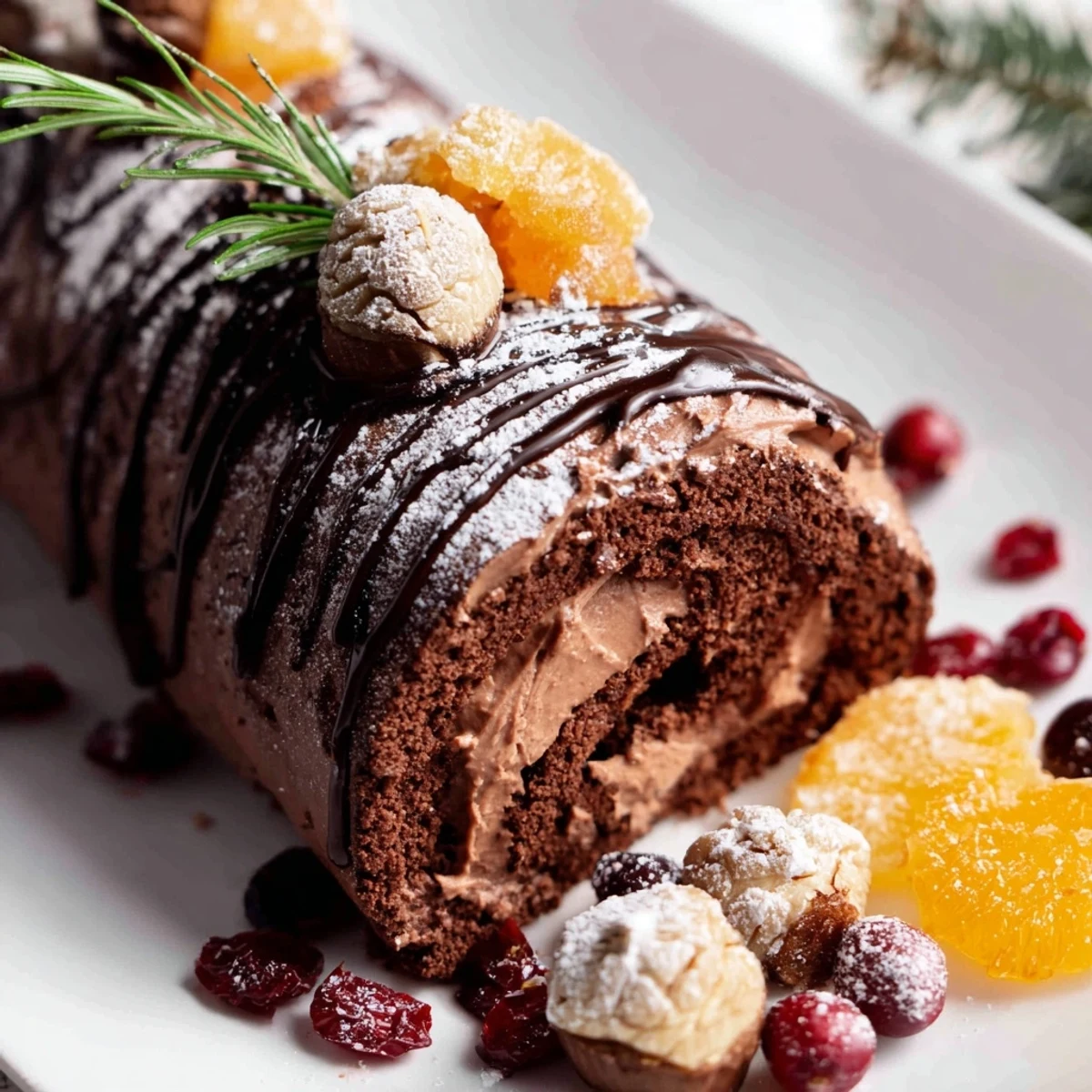 A visually enticing Winter Warmer Fireplace Log Dessert Board with chocolate roulade and candied oranges.