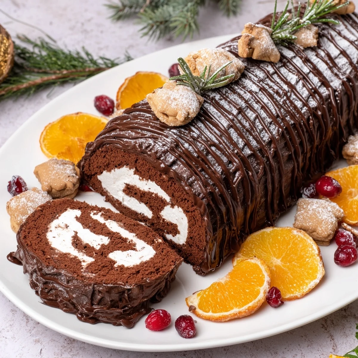 This Winter Warmer Fireplace Log Dessert Board showcases a chocolate roulade surrounded by festive winter treats.