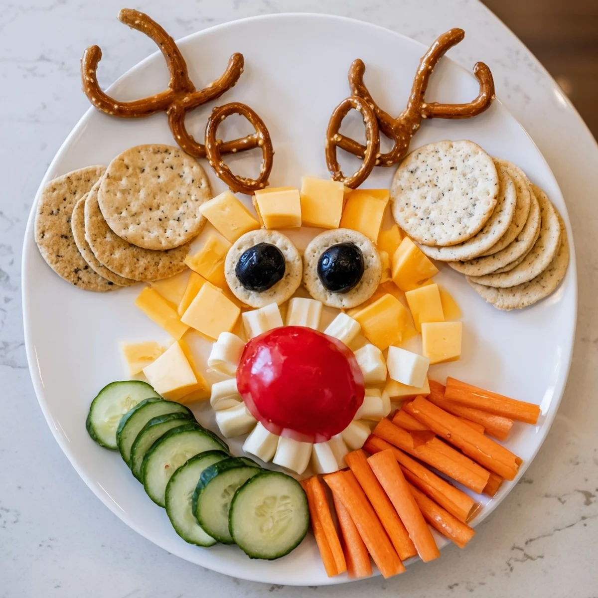 Cheesy Reindeer Face Platter made with colorful cheeses and snacks, perfect for a festive holiday appetizer.