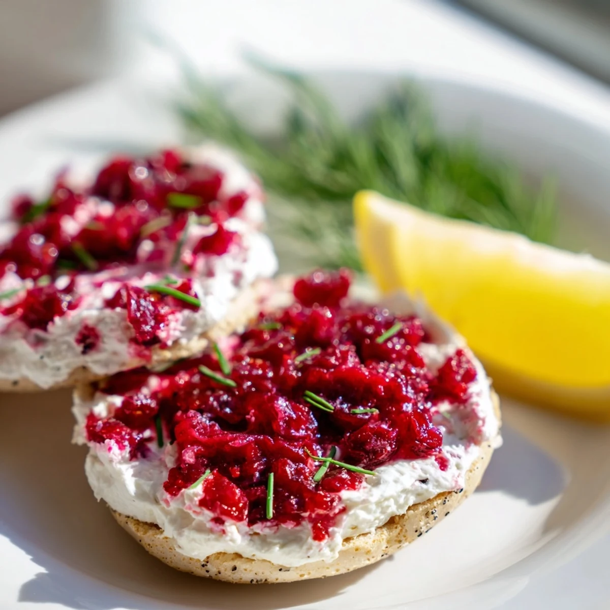 Festive cranberry sleigh bagel board, loaded with bagels, cream cheese, smoked salmon, and fresh fruit.