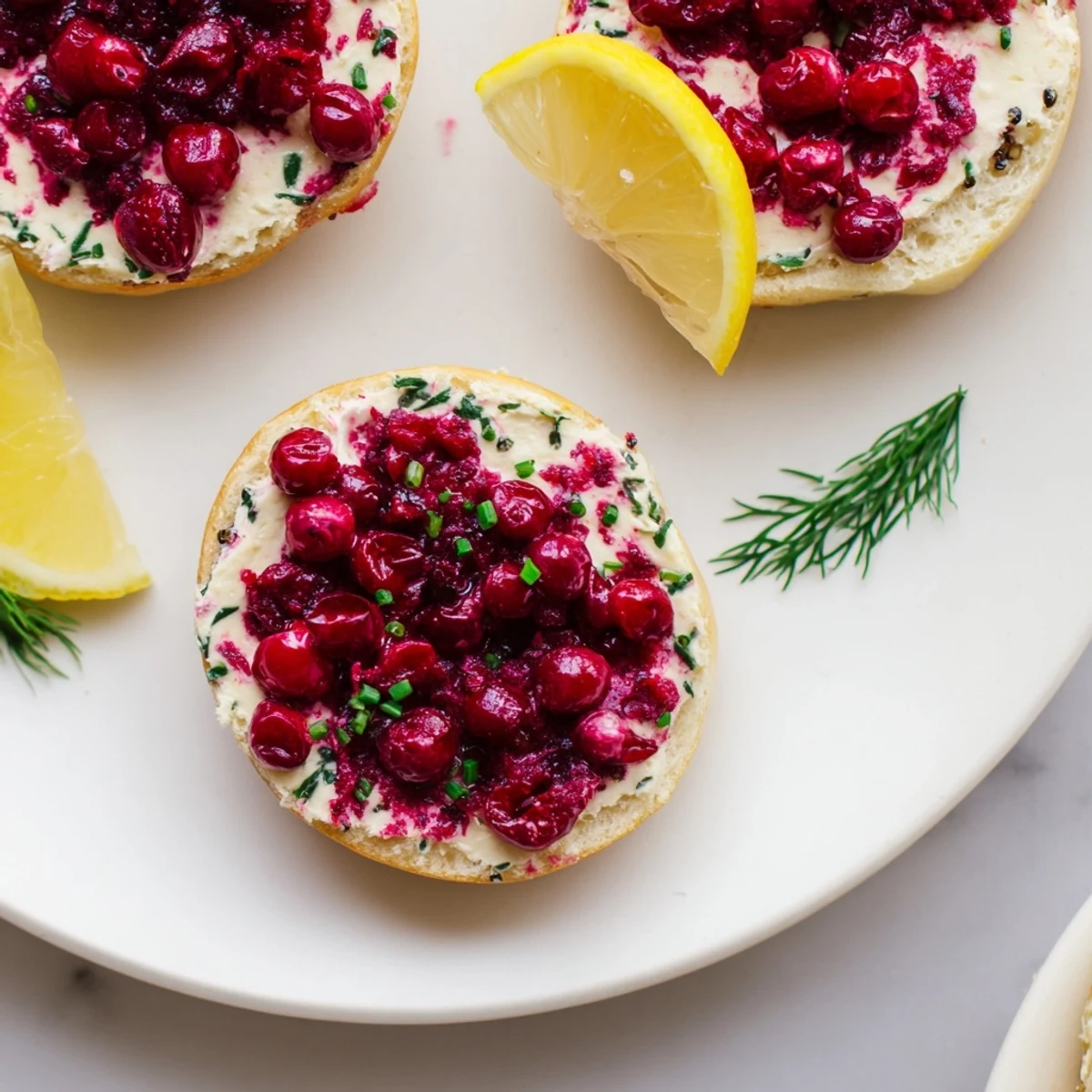A colorful cranberry bagel board with creamy toppings and holiday fruits for a delightful brunch.