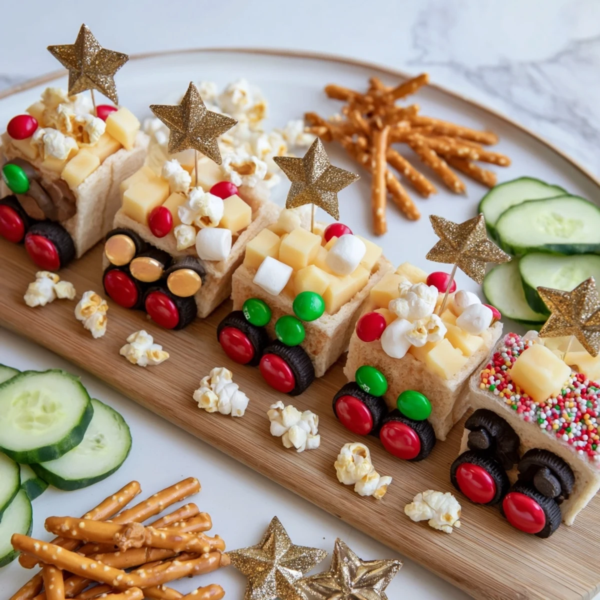 Festive Polar Express Train Treat Board, with colorful sweets and savory snacks arranged for the holiday season.