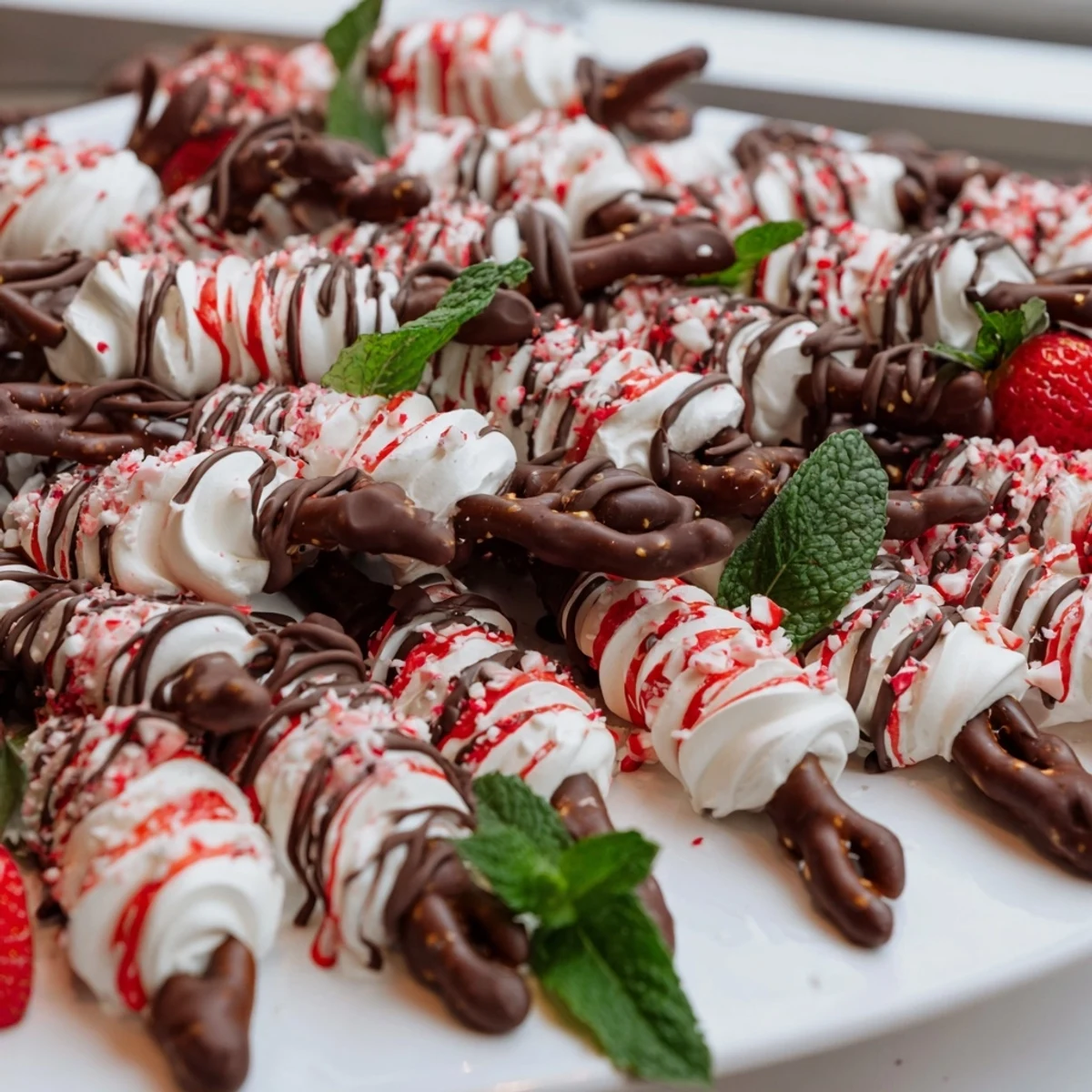 Festive Candy Cane Dessert Platter with colorful treats and fresh strawberries for holiday enjoyment.