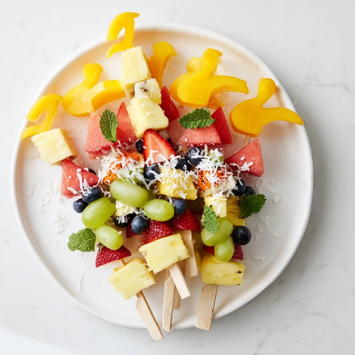 A colorful Flamingo Fruit Skewer Platter, brimming with tropical fruit pieces, ready to eat.
