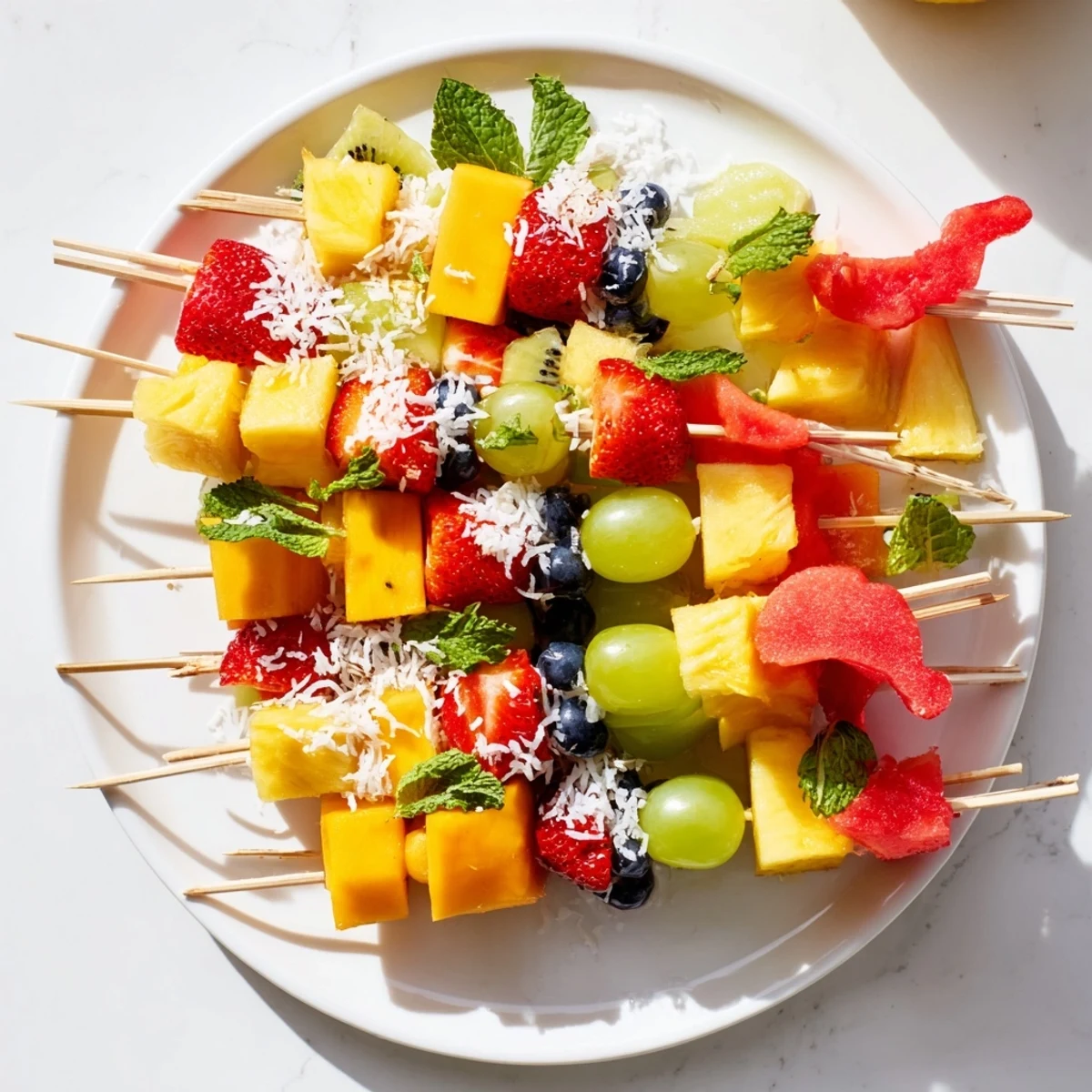 Freshly arranged Flamingo Fruit Skewer Platter, showcasing pineapple chunks and watermelon.