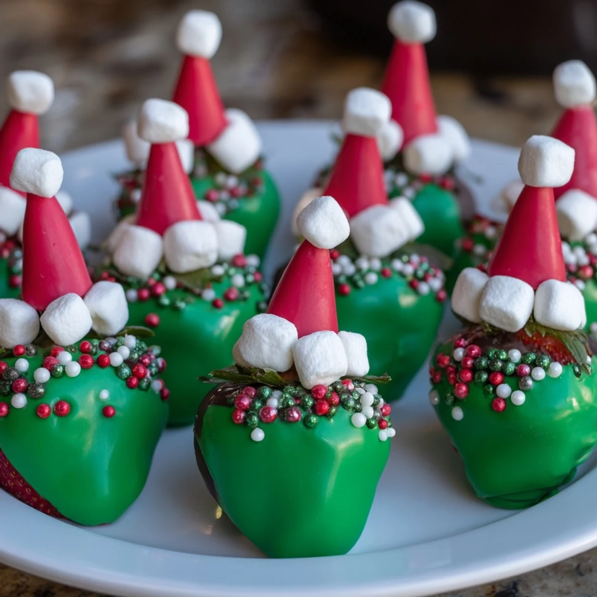 Elf-Hut-Schokoladen-Erdbeeren, frisch dekoriert mit Marshmallows und Perlen, ein festlicher Genuss.