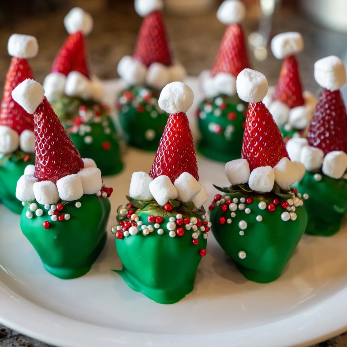 Nahaufnahme von Elf-Hut-Schokoladen-Erdbeeren mit geschmolzener Schokolade und bunten Zuckerstreuseln, ideal für Feiern.