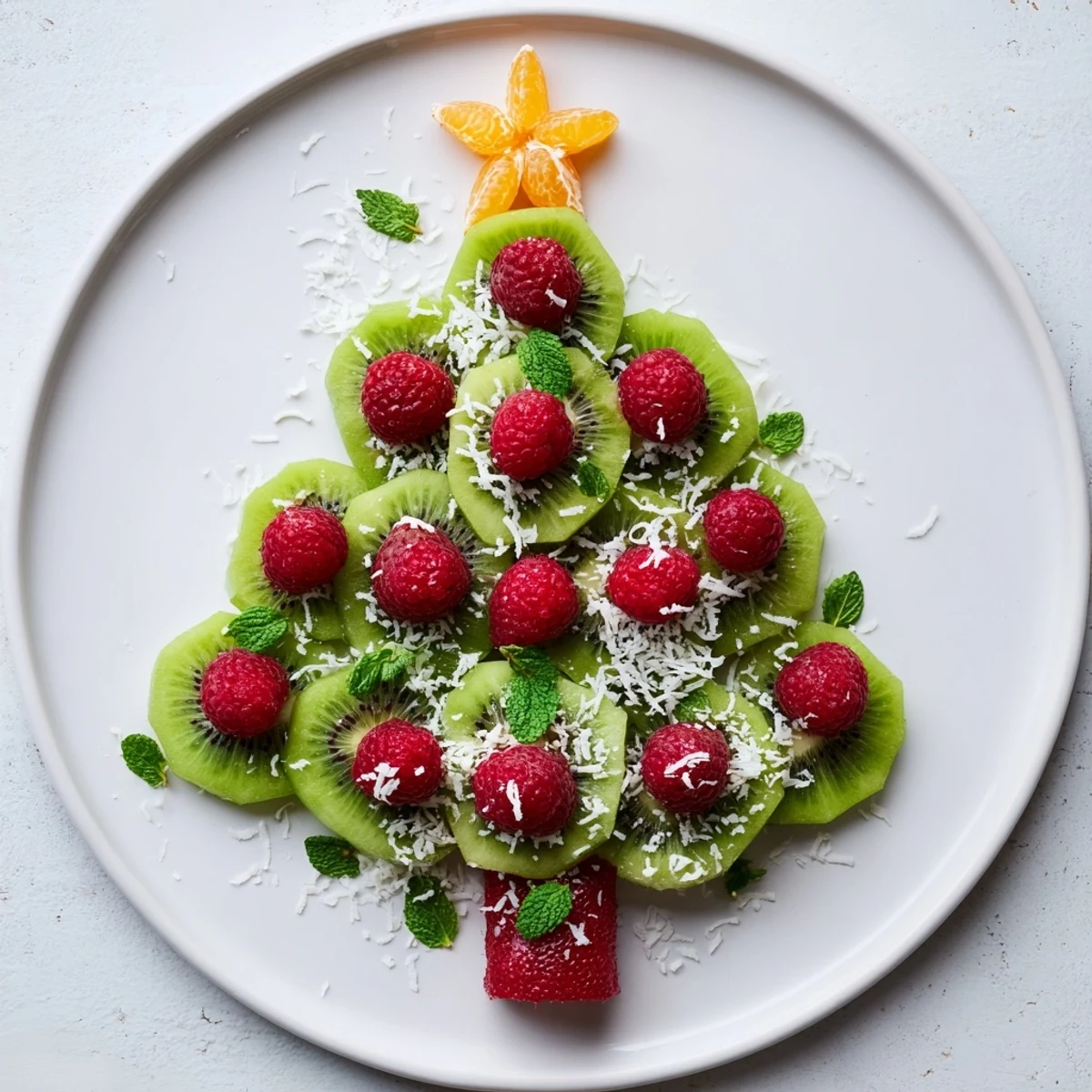 Festive Kiwi and Raspberry Christmas tree fruit plate, a colorful holiday appetizer.