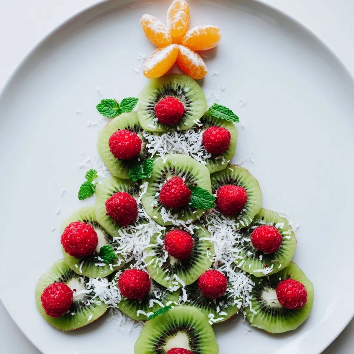 Fresh kiwi slices and juicy red raspberries create this beautiful Christmas tree fruit plate.
