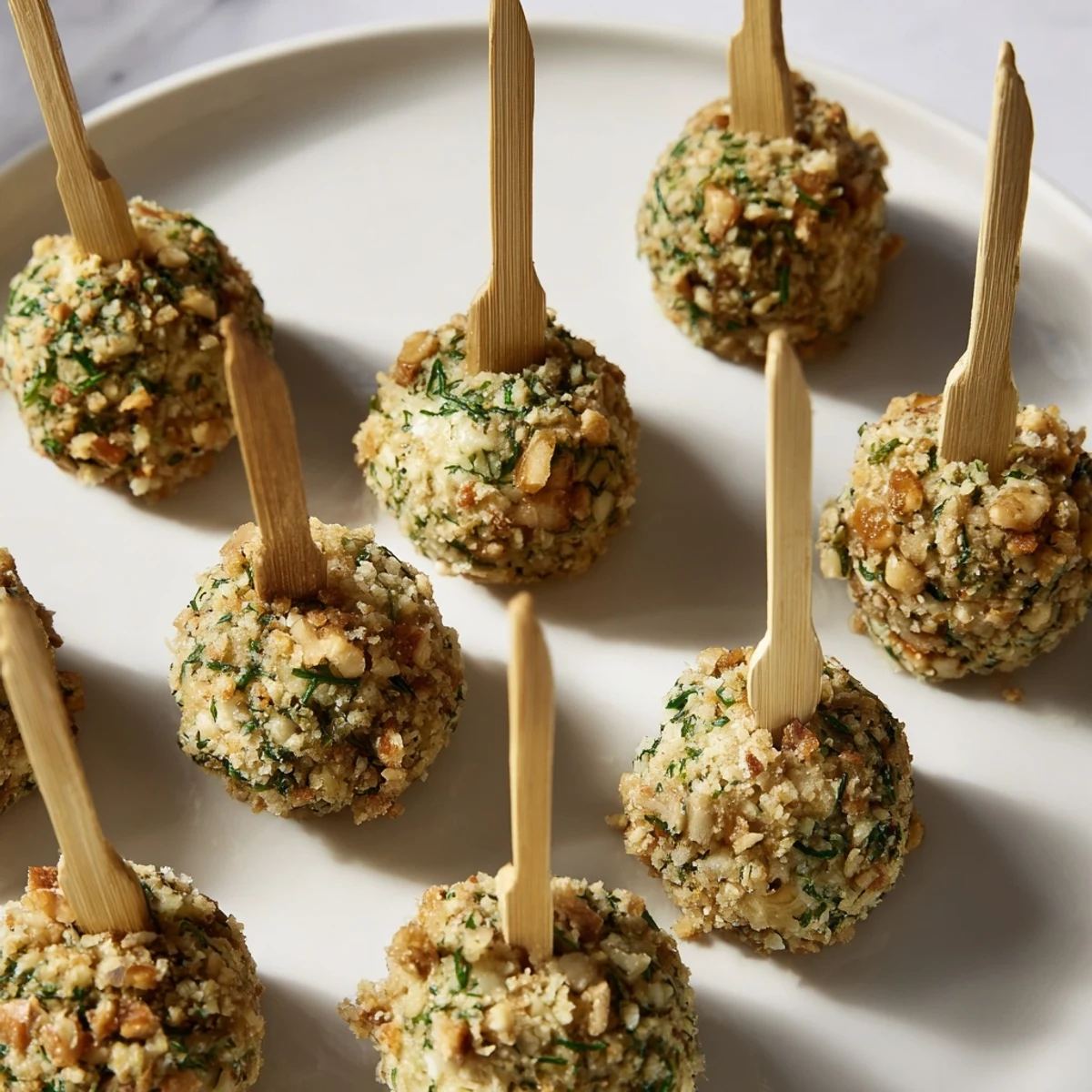 Creamy Champagne Cork Cheese Balls rolled in herbs and nuts, perfect appetizer for celebrations.