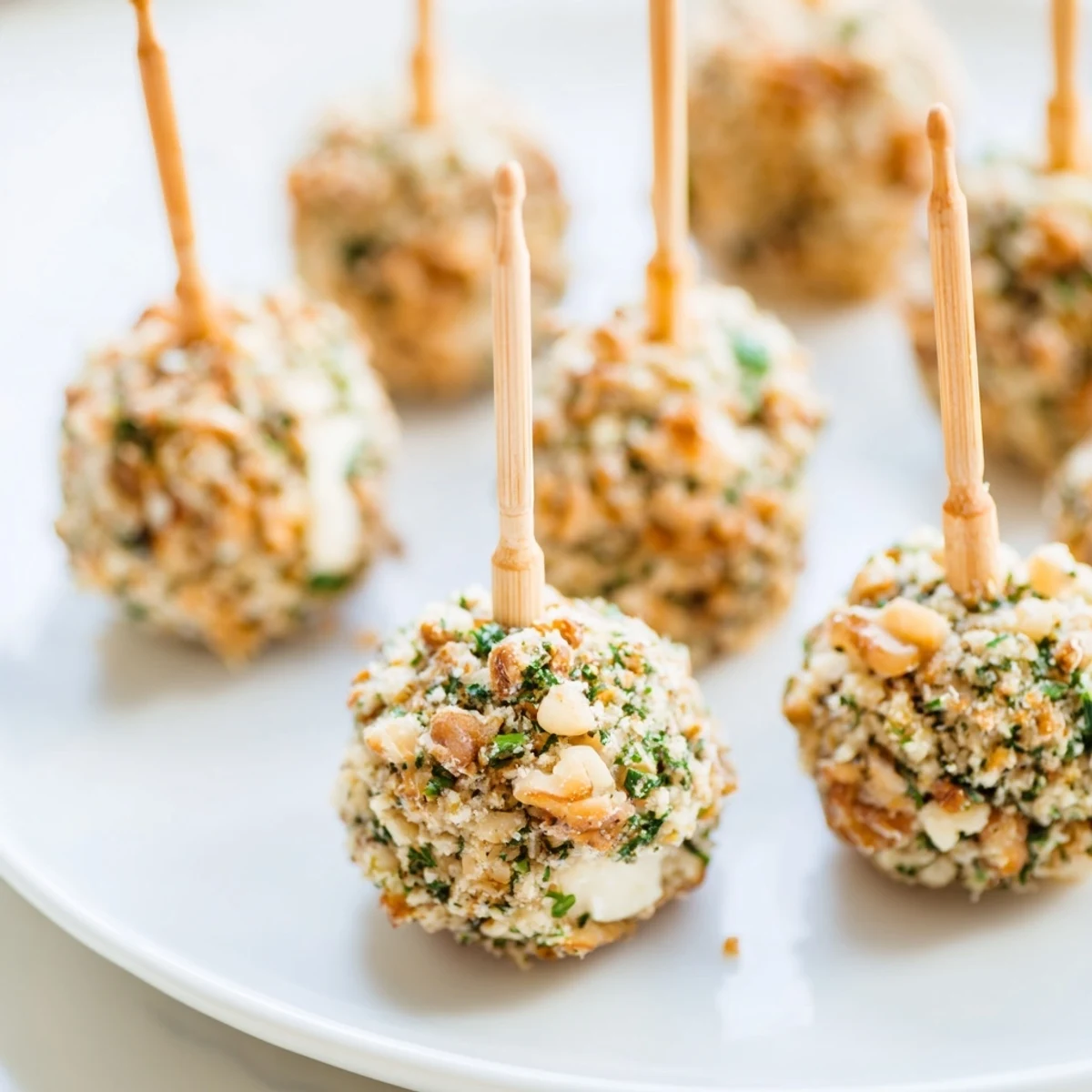 Small bite-sized Champagne Cork Cheese Balls, ready to serve on a platter for your party guests.